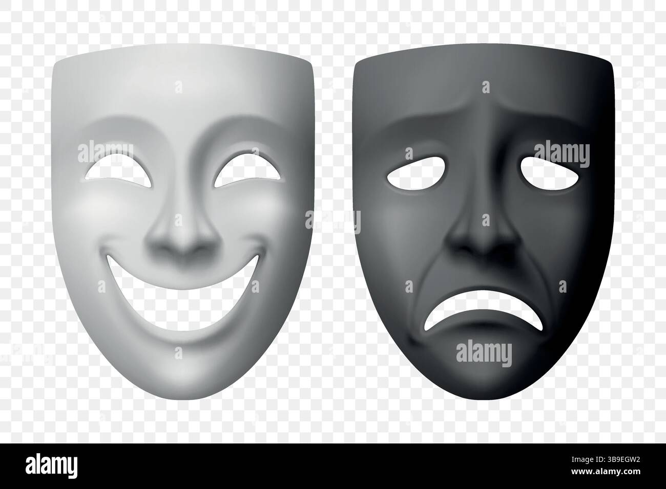 Ensemble d'icônes de masque de théâtre de comédie réaliste 3d Vector. Symbole classique de drame pour agir, performance de scène, émotions, arts de la scène, triste Illustration de Vecteur