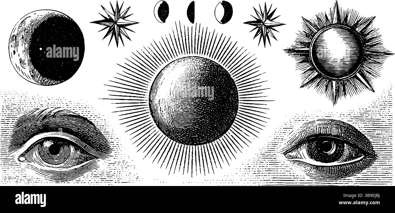 Phases de lune gravées vintage et illustration d'étoiles célestes pour des dessins mystiques. Illustration de Vecteur