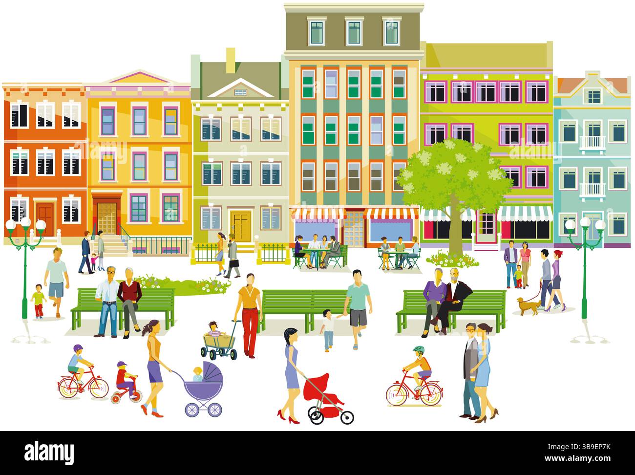 Horizon de la ville avec des gens se recréant dans un quartier résidentiel, illustration Banque D'Images