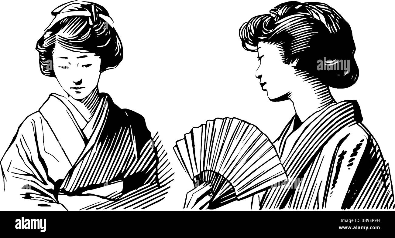 Femmes japonaises traditionnelles dans un style gravé avec ventilateur et kimono pour la conception d'affiches culturelles. Illustration de Vecteur