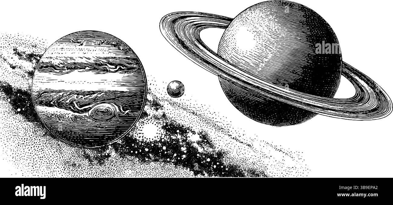 Illustration gravée du système exoplanétaire avec planète et étoiles annelées pour la conception éducative. Illustration de Vecteur