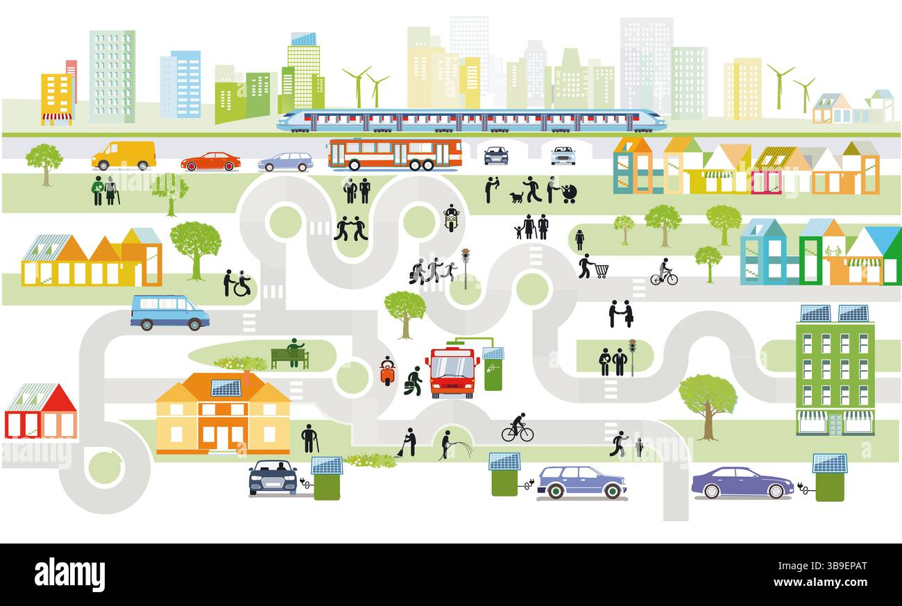 Vue d'ensemble de la ville avec circulation et maisons avec énergie alternative, illustration d'information Banque D'Images