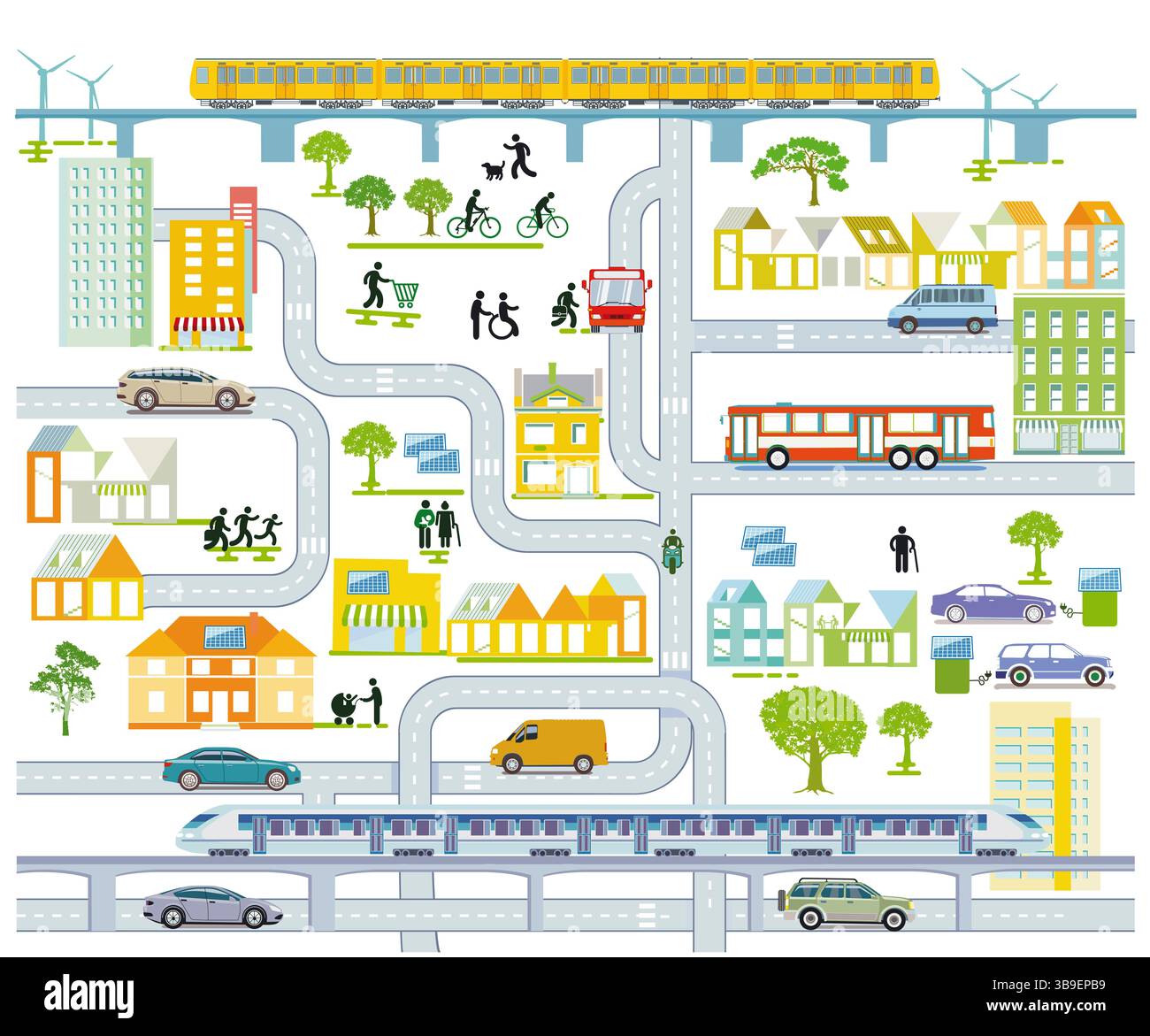 Carte de la ville avec circulation et maisons, illustration des informations Banque D'Images