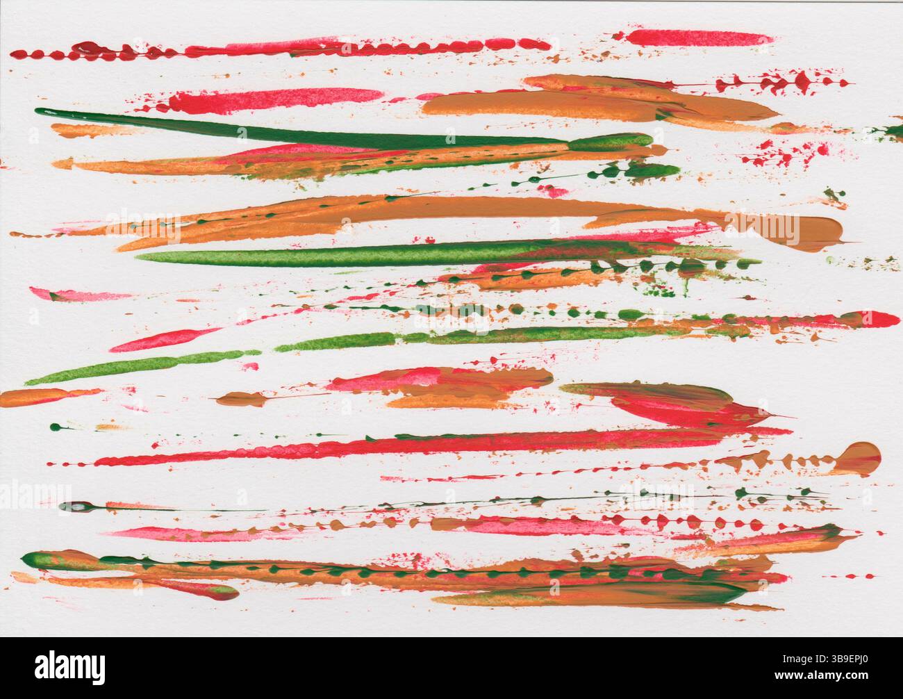 Coups de pinceau avec peinture acrylique en cramoisi, vert herbe et ocre Banque D'Images