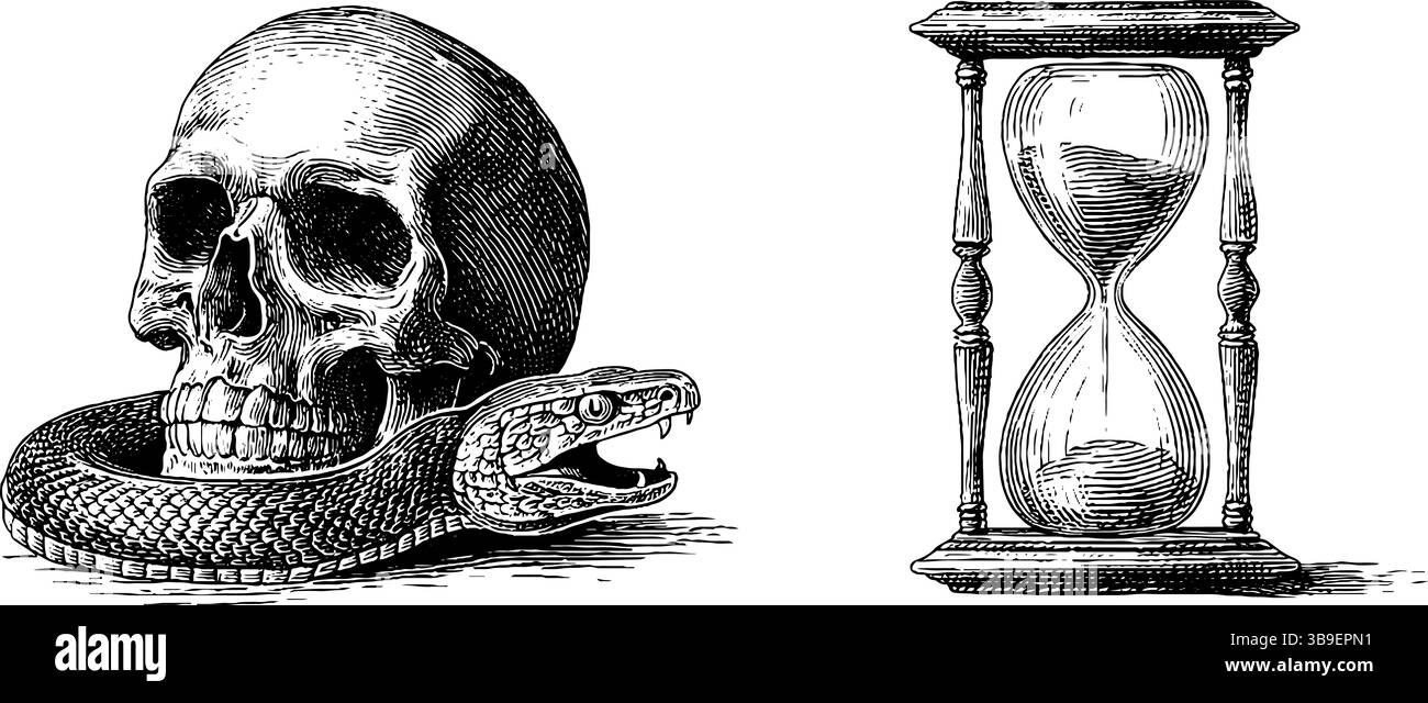 Illustration gravée vintage de serpent avec crâne et sablier pour la conception d'art sombre. Illustration de Vecteur