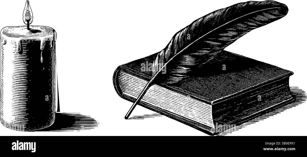 Art gravé vintage de bougie, livre et couette ensemble pour la décoration classique. Illustration de Vecteur