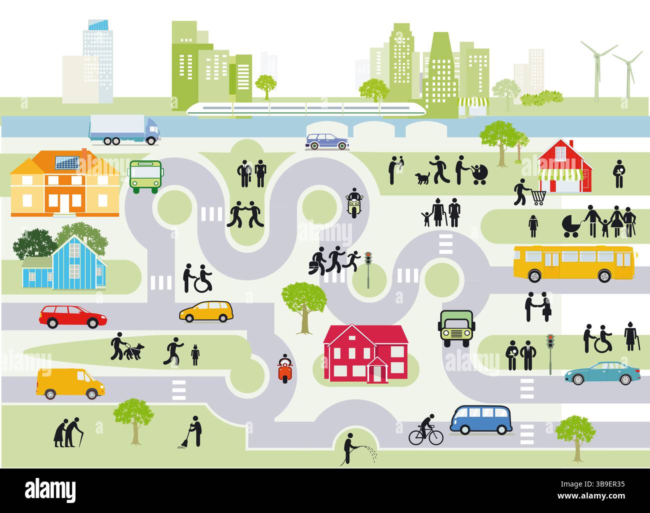 Vue d'ensemble de la ville et du pays avec circulation et maisons avec énergie alternative, illustration d'information Banque D'Images