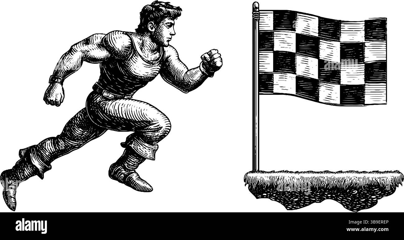 Illustration gravée d'un héros de plateforme courant vers le drapeau à damier. Illustration de Vecteur