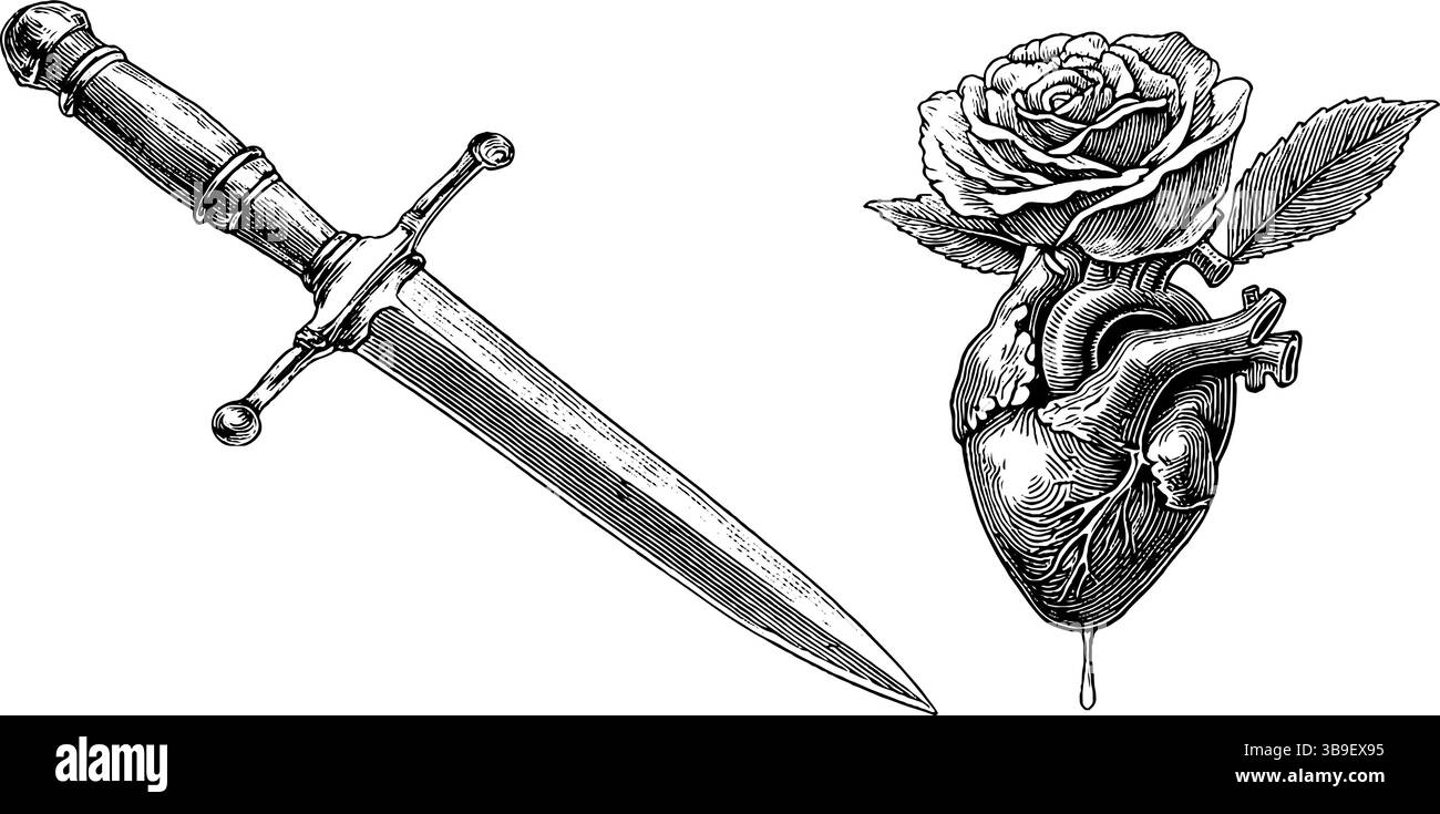 Poignard gravé et coeur avec illustration rose pour l'art du tatouage et l'inspiration de design. Illustration de Vecteur