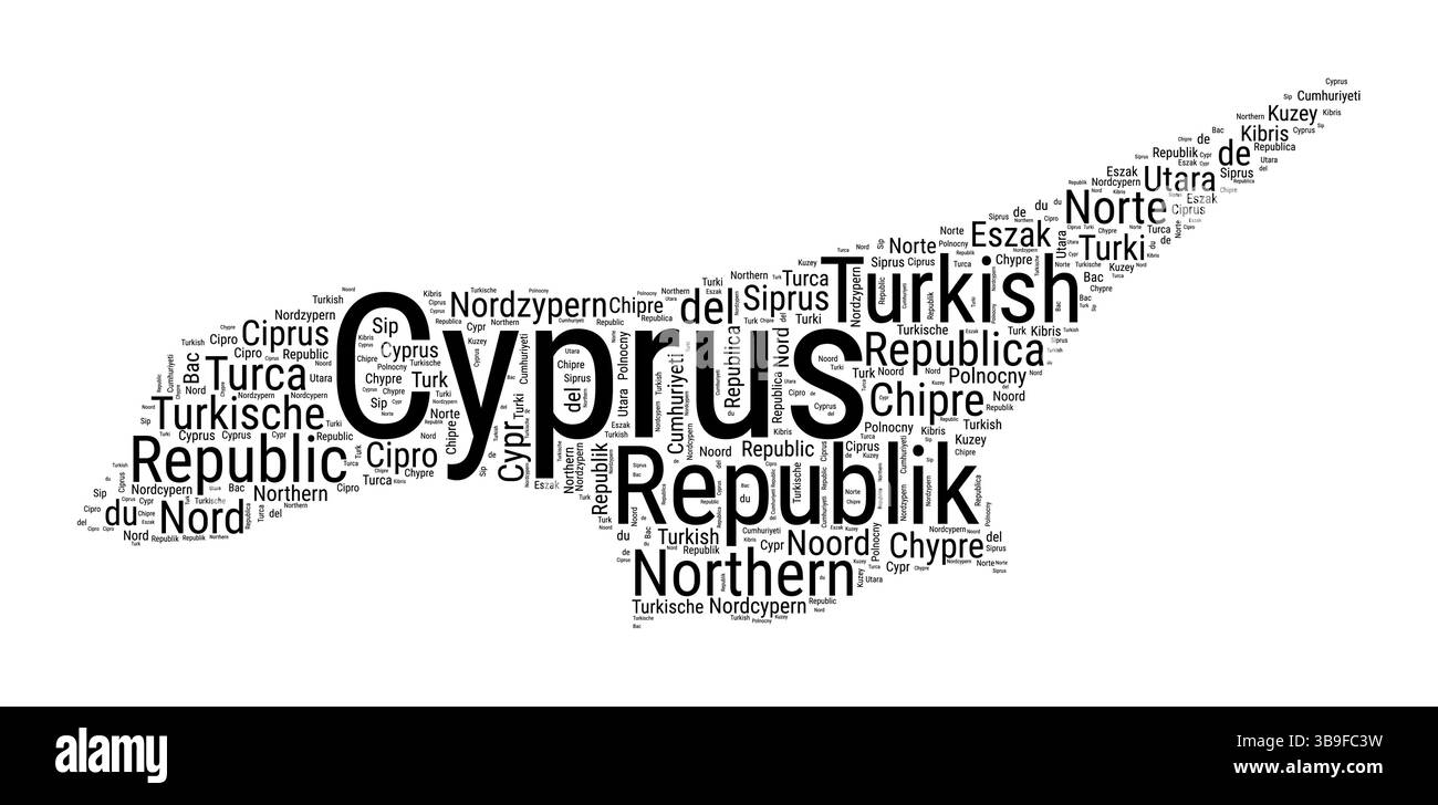 Nuage de mots en noir et blanc en forme de Chypre du Nord. Illustration de pays de style typographique simple. Illustration de Vecteur