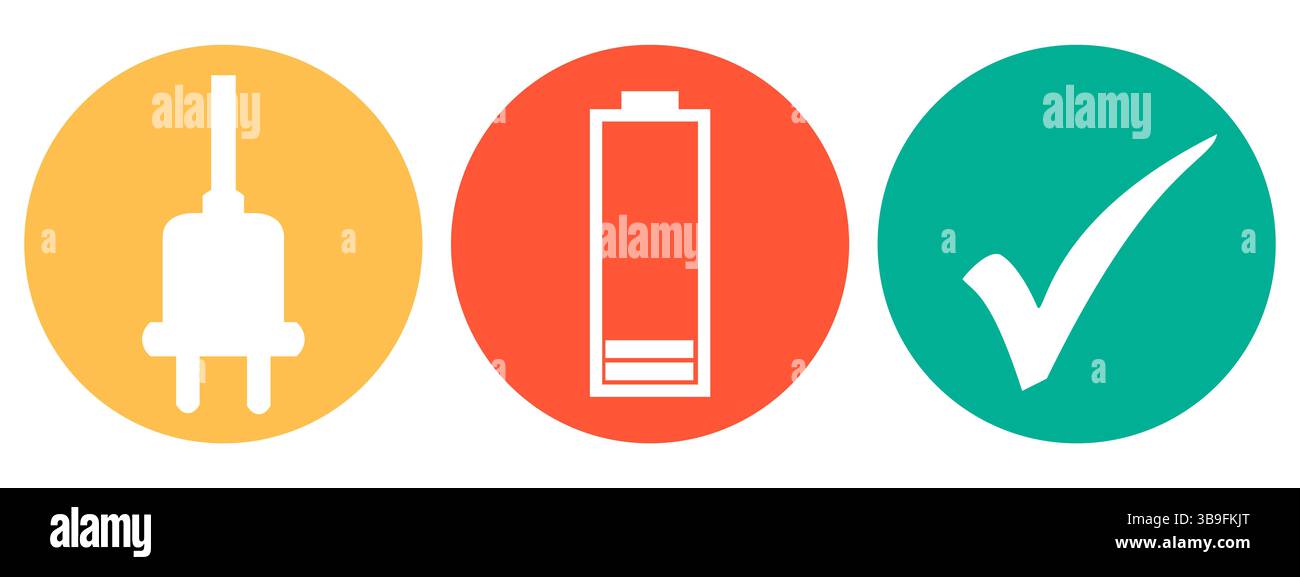 Les icônes orange, rouge et vert indiquent la fiche et la batterie à charger Banque D'Images
