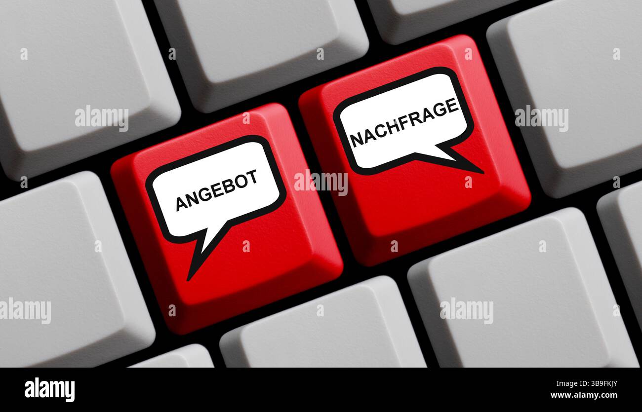 Offre et demande - clavier rouge avec bulles de parole Banque D'Images