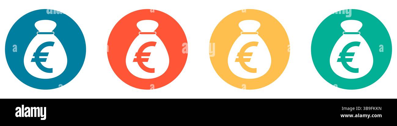 Les icônes en bleu rouge orange et vert montrent un sac d'argent avec de la monnaie Euro Banque D'Images