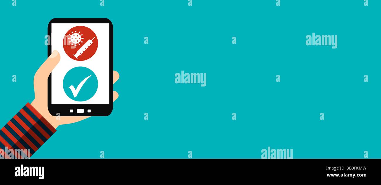 Main avec smartphone : certificat de vaccination numérique Banque D'Images