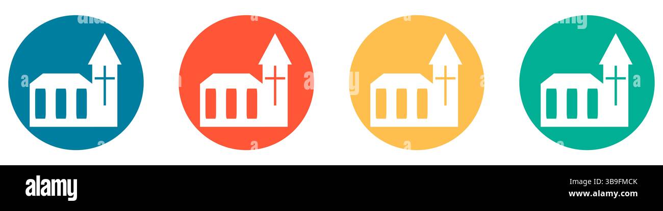 Les icônes en bleu rouge orange et vert montrent l'église ou la religion Banque D'Images