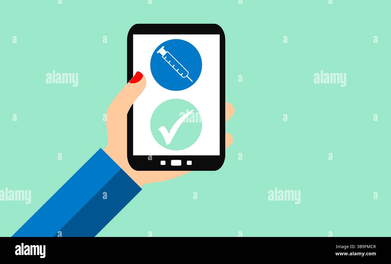 Main avec smartphone : prenez rendez-vous de vaccination ou carte d'immunité au coronavirus - Flat Design Banque D'Images Main avec smartphone : prenez rendez-vous de vaccination ou carte d'immunité au coronavirus - Flat Design Banque D'Images