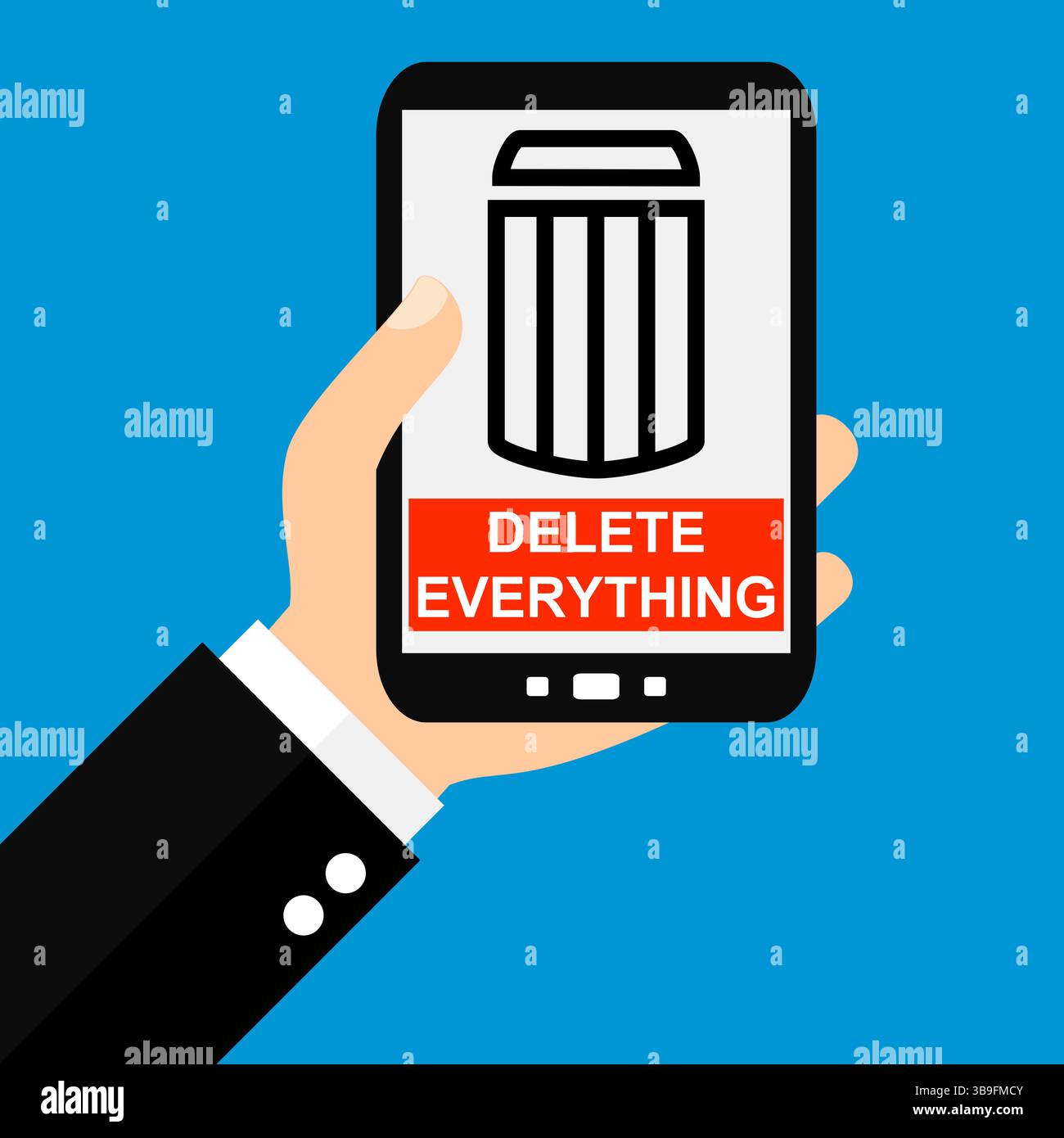 Main avec smartphone : Supprimer toutes les données - conception plate Banque D'Images