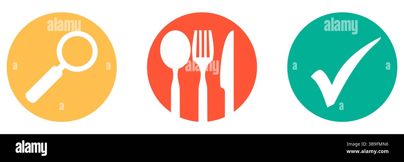 Les icônes en orange, rouge et vert indiquent la recherche de restaurants, de nourriture ou de recettes Banque D'Images