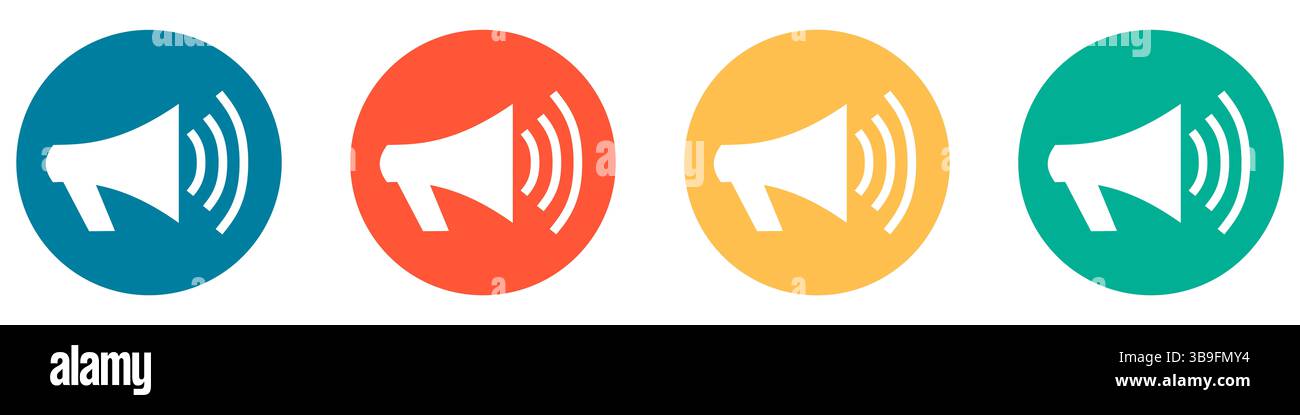 Les icônes en bleu, rouge, orange et vert indiquent un haut-parleur, un sac à chuchotement ou un mégaphone Banque D'Images