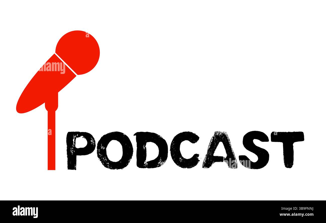 Podcast - microphone rouge et texte grunge Banque D'Images