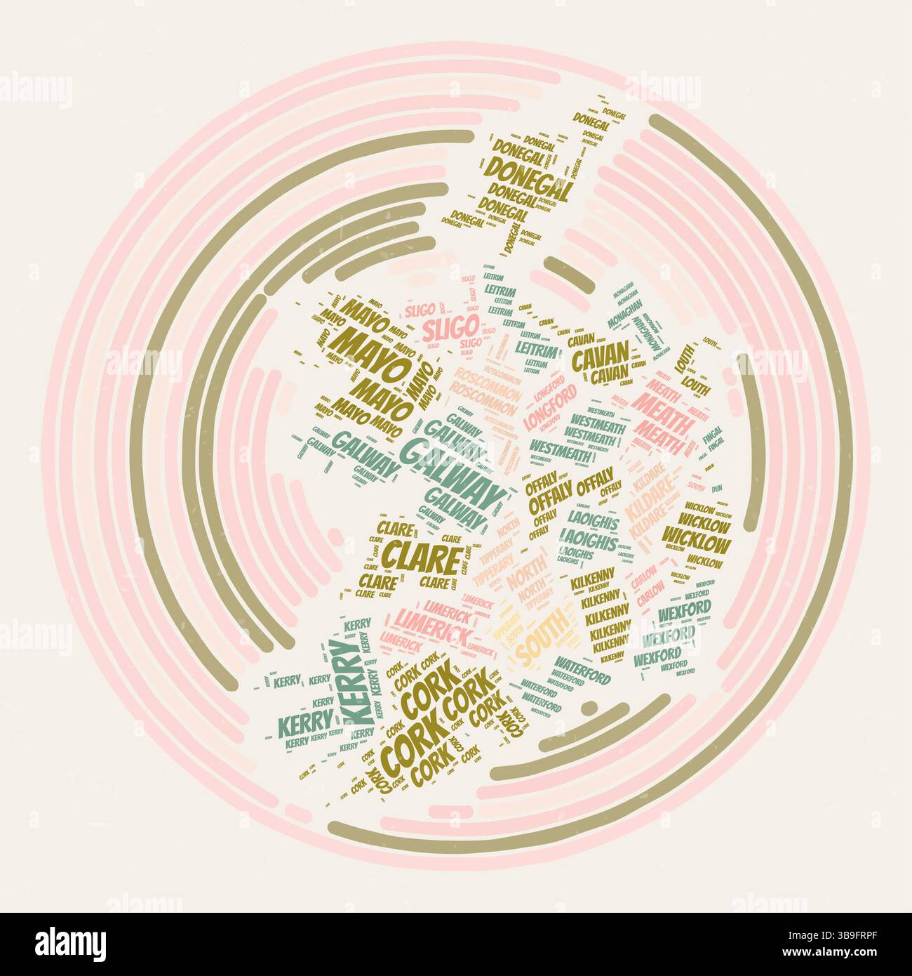 Affiche de la ronde d'Irlande. Image de style typographique d'un pays. Nuages de mots régionaux d'Irlande. Design d'image vintage avec texture de grattage. Illustration de Vecteur