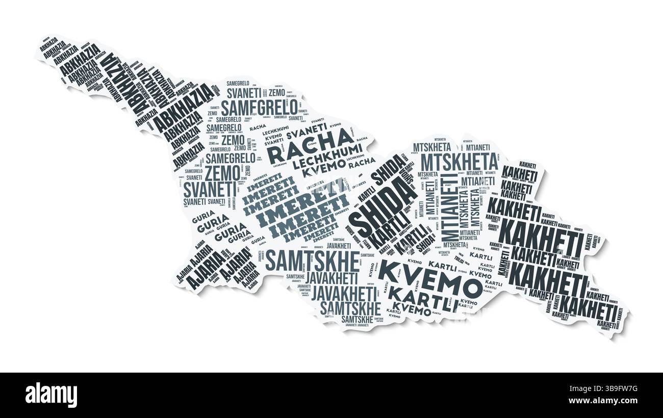 Nuage de texte de forme Géorgie. Frontière de pays avec ombre sur fond blanc. Géorgie avec division des régions dans le style vintage gazette. Illustration de Vecteur