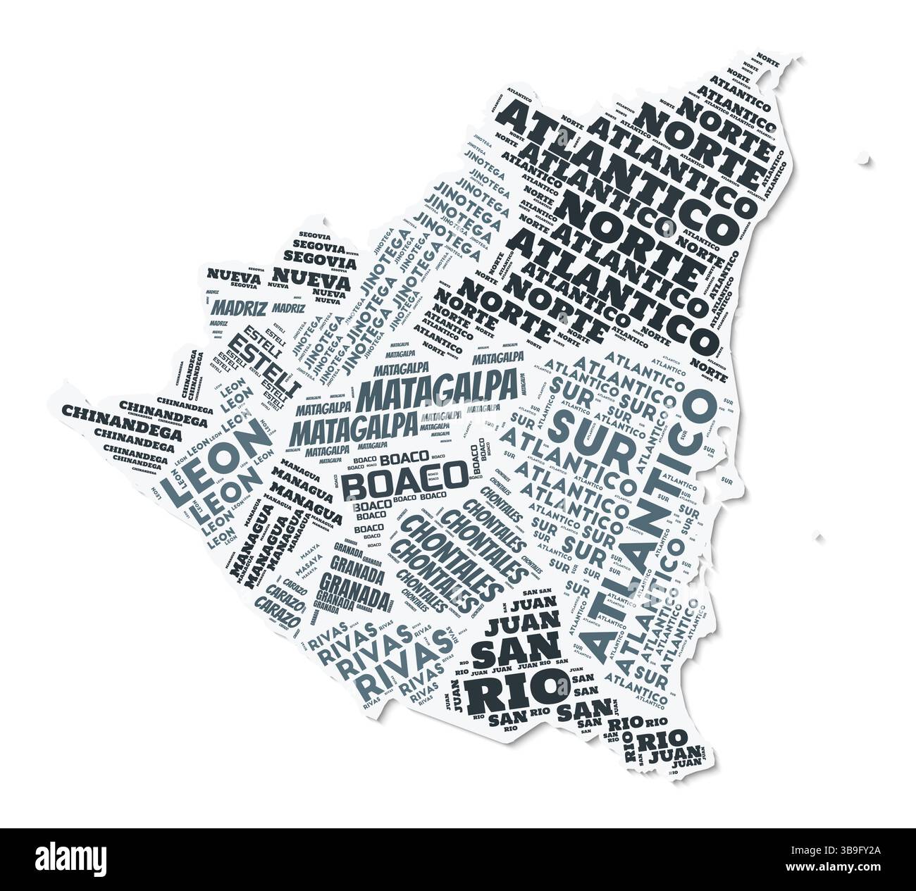Nuage de texte de forme Nicaragua. Frontière de pays avec ombre sur fond blanc. Nicaragua avec division des régions dans le style vintage gazette. Illustration de Vecteur