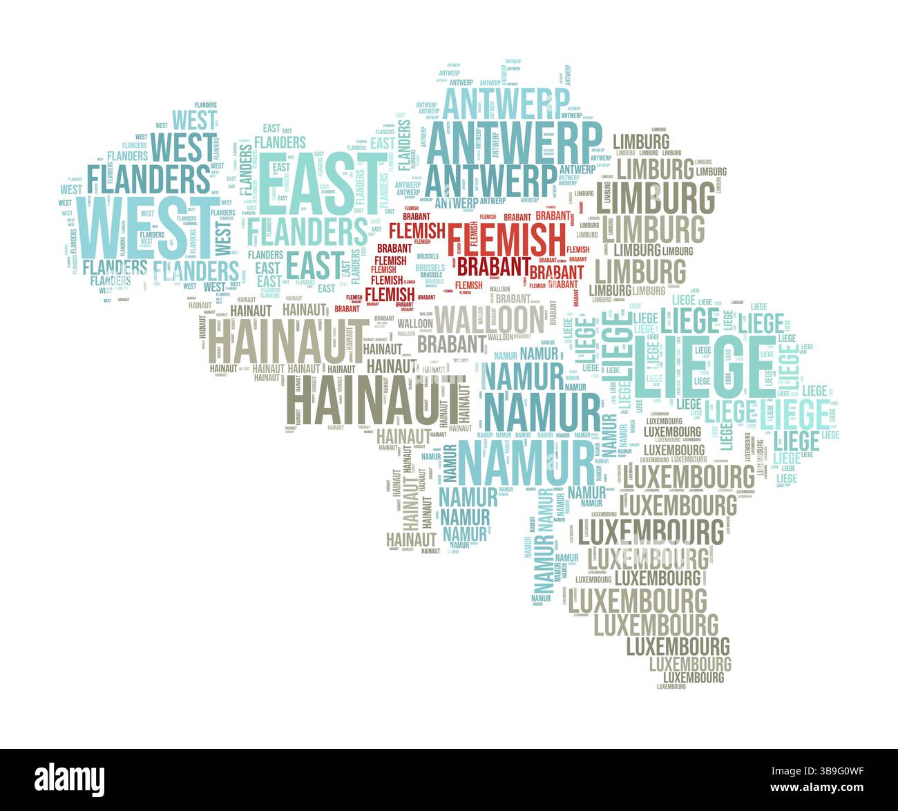Belgique Word Cloud. Forme du pays avec division de région. Image de style typographie Belgique. Nuages de balises de noms de région. Illustration vectorielle. Illustration de Vecteur