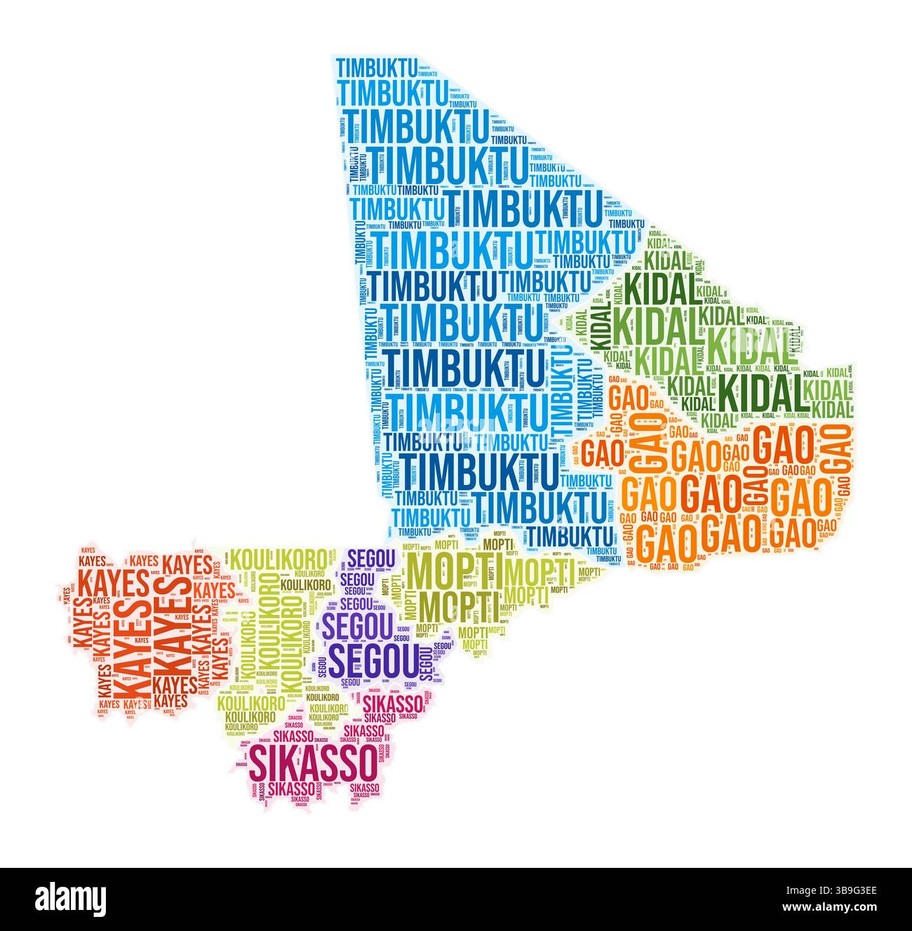 Nuage de mots de la région Mali. Forme campagnarde. Illustration couleur Mali. Nuage de collage de noms de région. Illustration vectorielle. Illustration de Vecteur