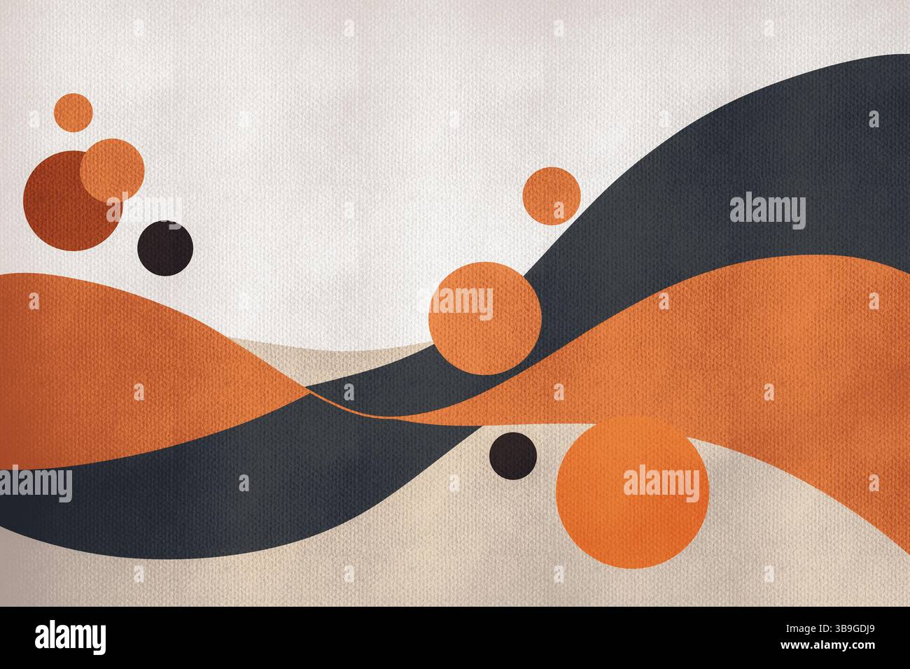 Motif abstrait avec des vagues orange et noires avec des cercles sur une toile texturée. La composition allie esthétique moderne et rétro, créant visua Banque D'Images