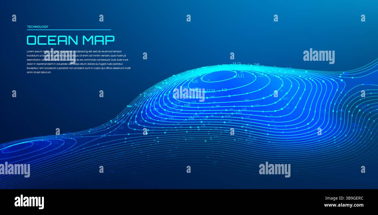 Carte océanique avec lignes de contour de profondeur lumineuses détaillées et données numériques d'altitude sur fond bleu foncé pour l'analyse topographique sous-marine Illustration de Vecteur