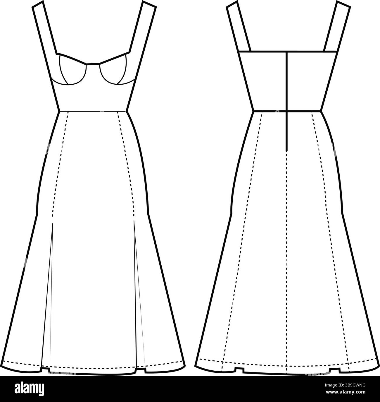 Esquisse plate minimaliste d'une robe évasée ajustée de corsage avec bretelles - avant et arrière illustration technique Illustration de Vecteur