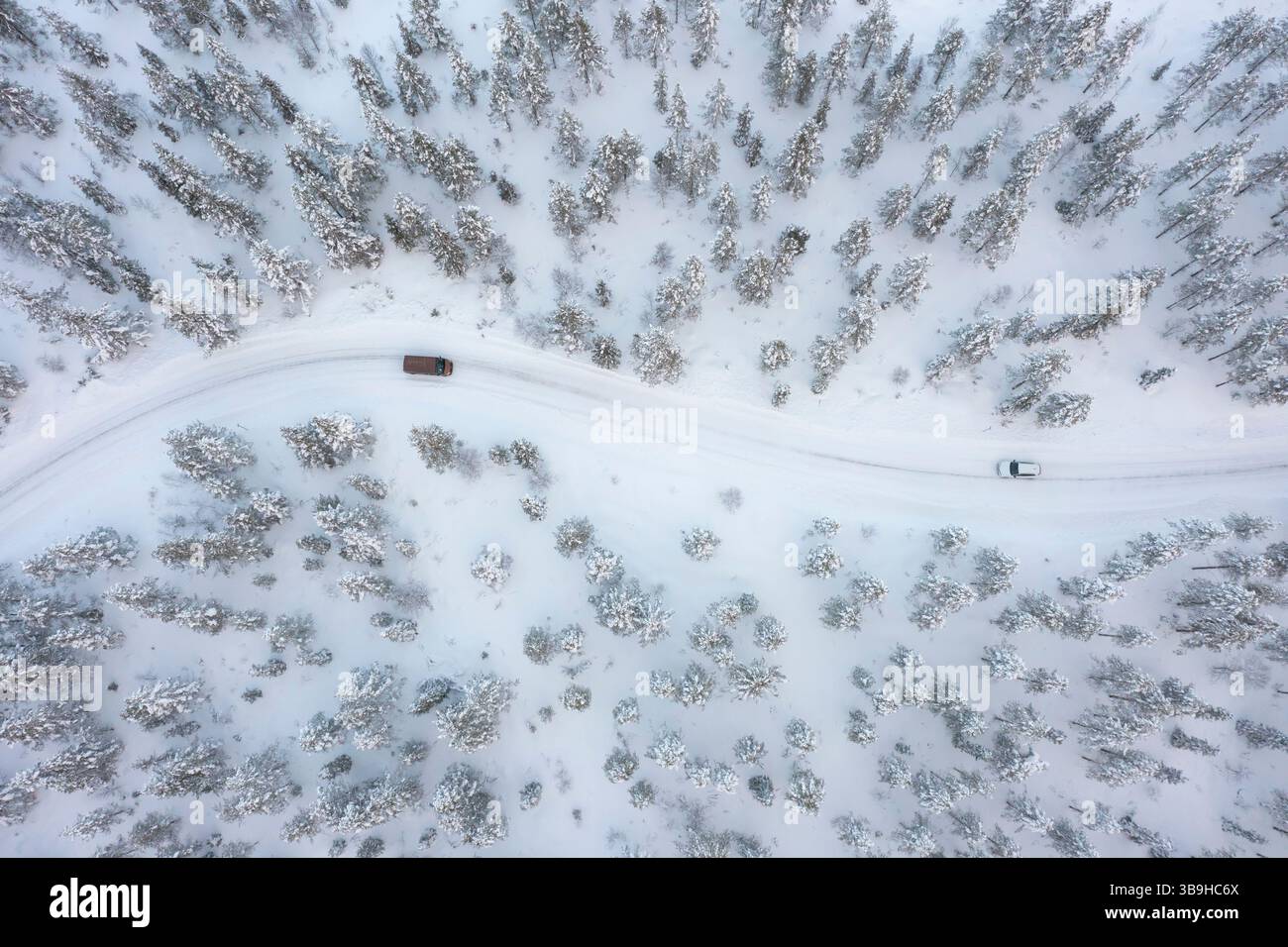 Voitures sur une route solitaire dans une forêt enneigée, Laponie, Finlande Banque D'Images