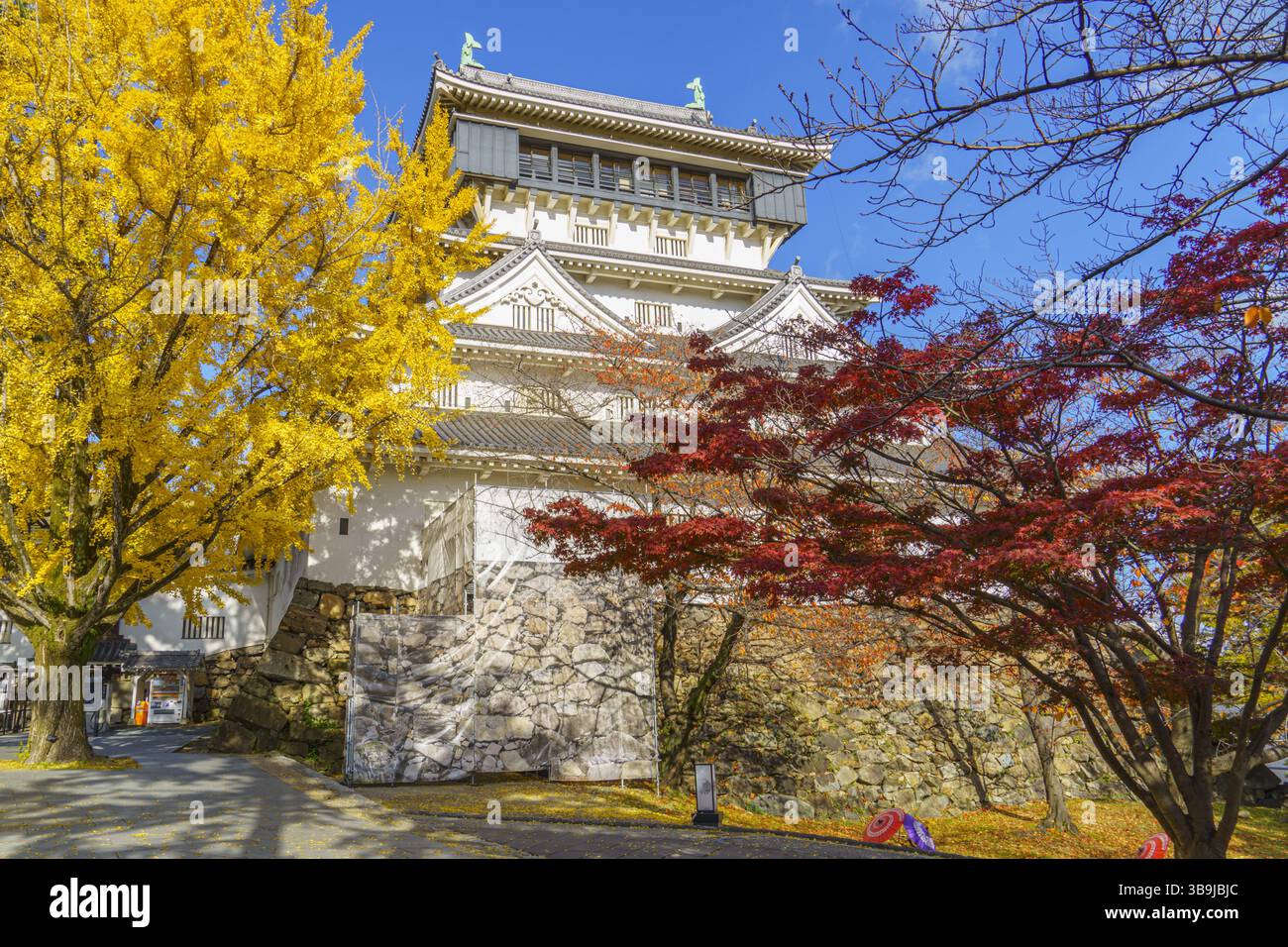 Paysage d'automne du château de Kokura. Le donjon du château abrite un musée folklorique moderne. Banque D'Images