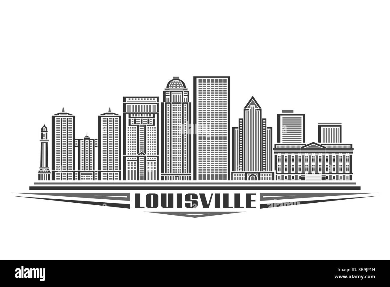 Illustration vectorielle de Louisville, carte horizontale monochrome avec design linéaire louisville paysage de ville, concept urbain d'art de ligne avec letteri décoratif Illustration de Vecteur