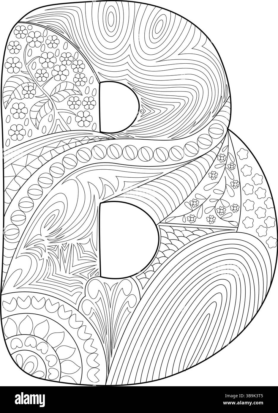 Une illustration détaillée en noir et blanc de la lettre majuscule B, remplie de motifs floraux, géométriques et abstraits complexes, adaptés aux coloris Illustration de Vecteur