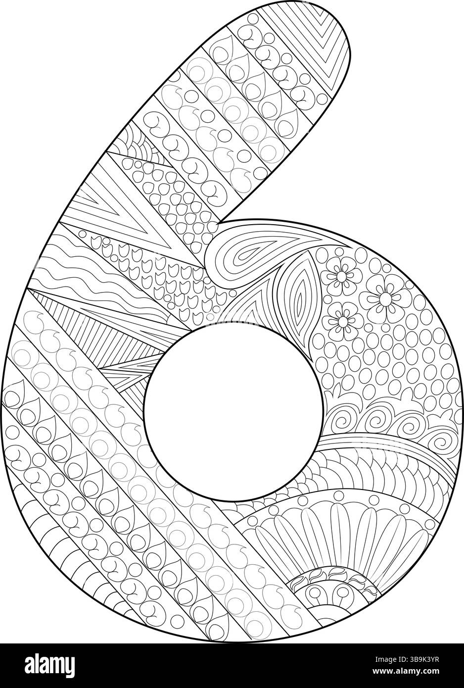 Un dessin complexe en noir et blanc du numéro six, rempli de divers motifs et détails, adapté comme une page à colorier pour les adultes et le chil Illustration de Vecteur