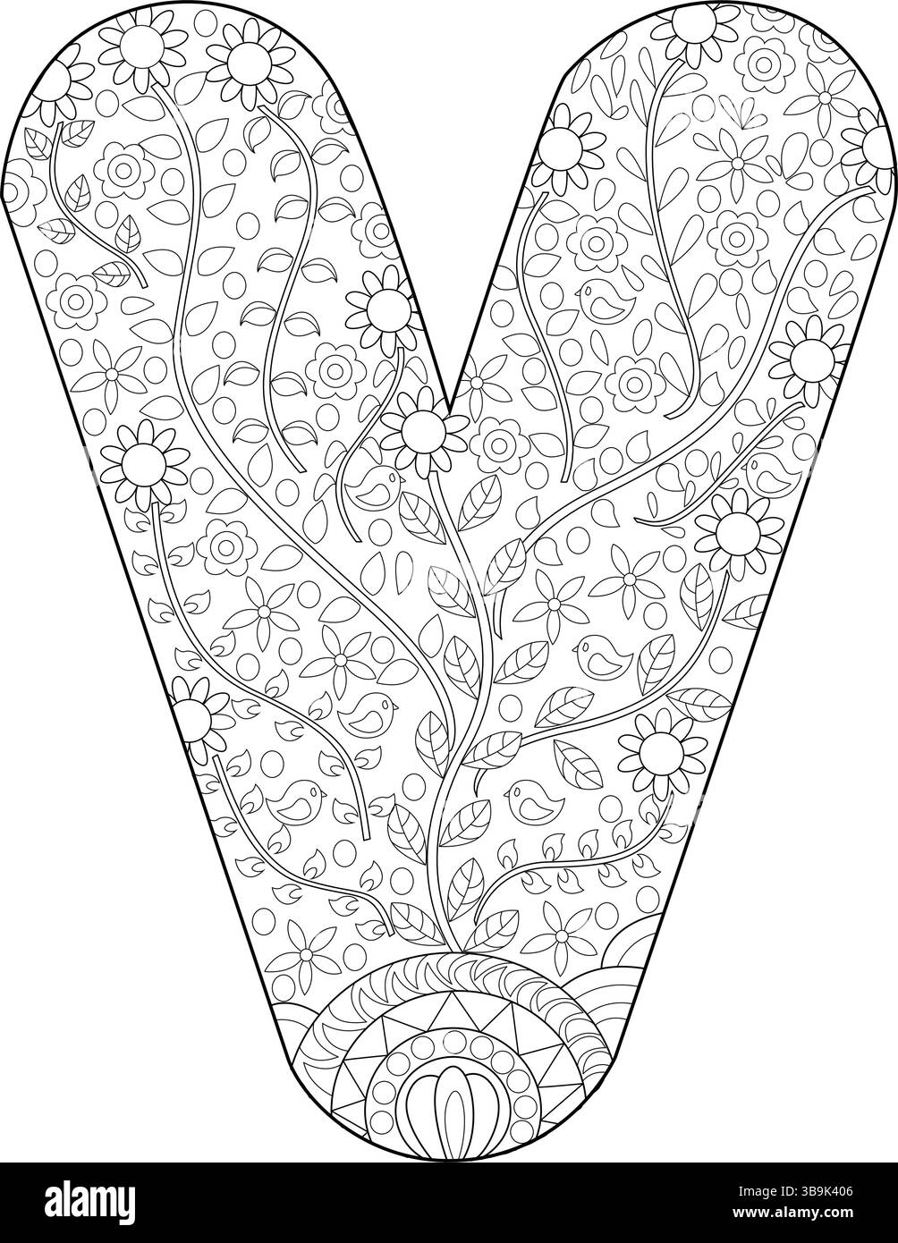 Une illustration complexe en noir et blanc de la lettre majuscule V de l'alphabet, remplie d'un motif floral détaillé, feuilles, petit b Illustration de Vecteur