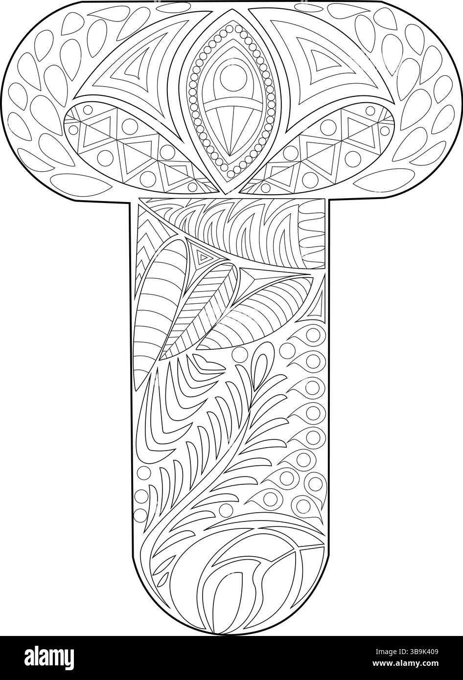 Une illustration complexe en noir et blanc de la lettre majuscule T, remplie de motifs abstraits et de dessins de style zentangle. Parfait pour ADU Illustration de Vecteur