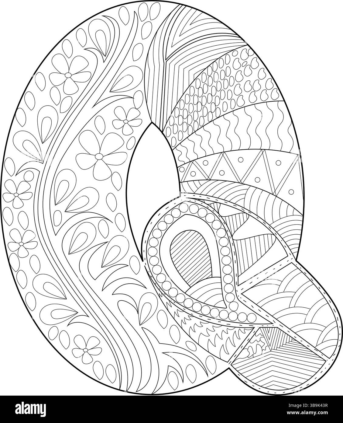 Une illustration détaillée de contour noir et blanc de la lettre majuscule Q remplie de motifs complexes, adapté pour les livres de coloriage, mater éducatif Illustration de Vecteur