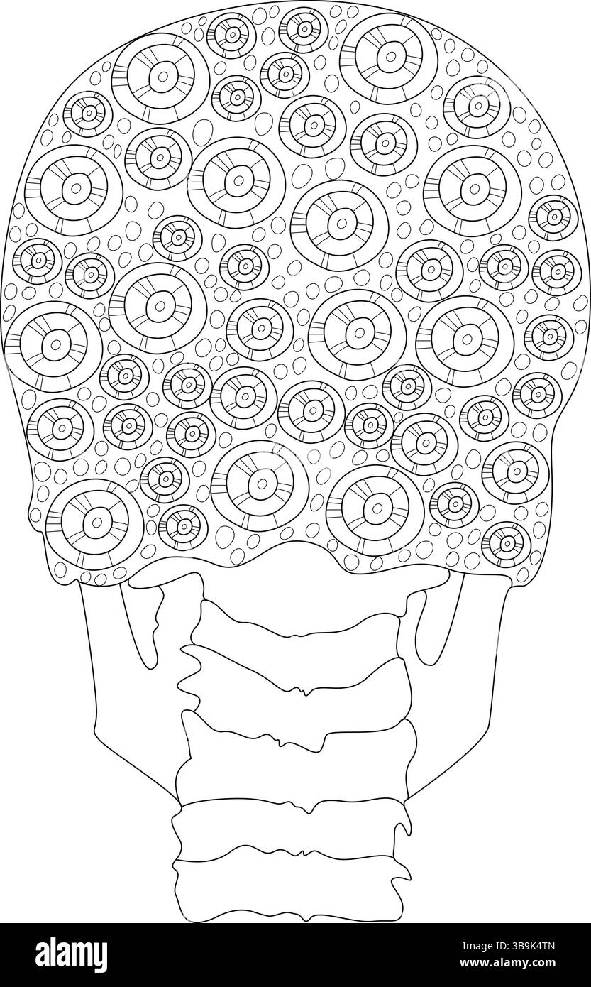 Illustration abstraite d'une tête ou d'un crâne humain stylisé rempli de motifs circulaires complexes, suggérant une structure interne ou un proc mental Illustration de Vecteur