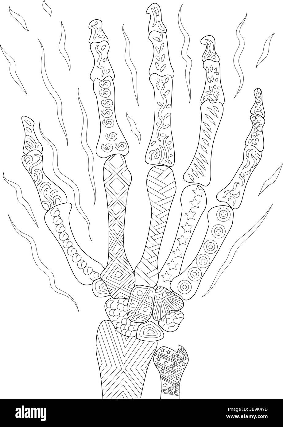 Illustration détaillée d'art au trait d'une main de squelette humain avec des motifs complexes sur les os, rappelant le style de livre de coloriage de Zentangle ou adulte. F Illustration de Vecteur Illustration détaillée d'art au trait d'une main de squelette humain avec des motifs complexes sur les os, rappelant le style de livre de coloriage de Zentangle ou adulte. F Illustration de Vecteur