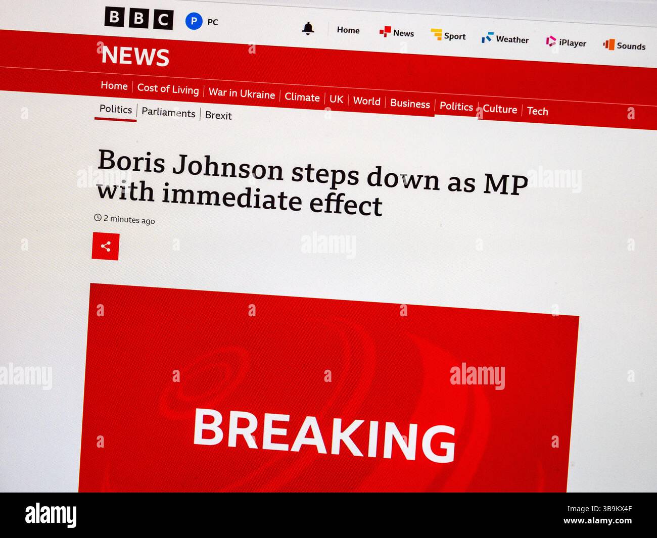 « Boris Johnson se défait en tant que MP... » Dernières nouvelles sur le site de BBC News, 9th juin 2023. Banque D'Images