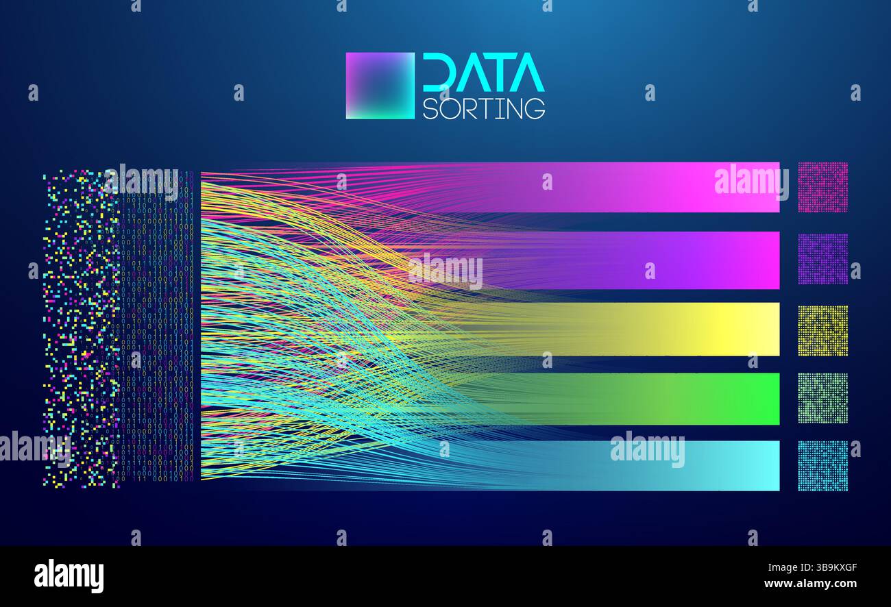 Visualisation de tri de données abstraites avec flux numériques colorés, code binaire et barres de dégradé sur fond sombre, représentant le traitement des données volumineuses Illustration de Vecteur
