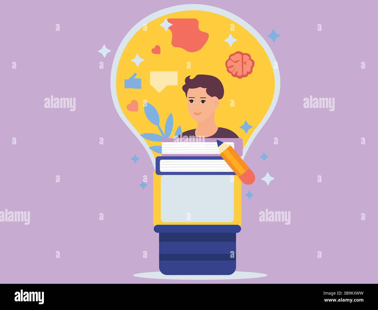 Concept d'éducation. Illustration vectorielle de style plat une personne à l'intérieur d'une ampoule avec des livres, des symboles et des pensées représentant l'imagination. Illustration de Vecteur