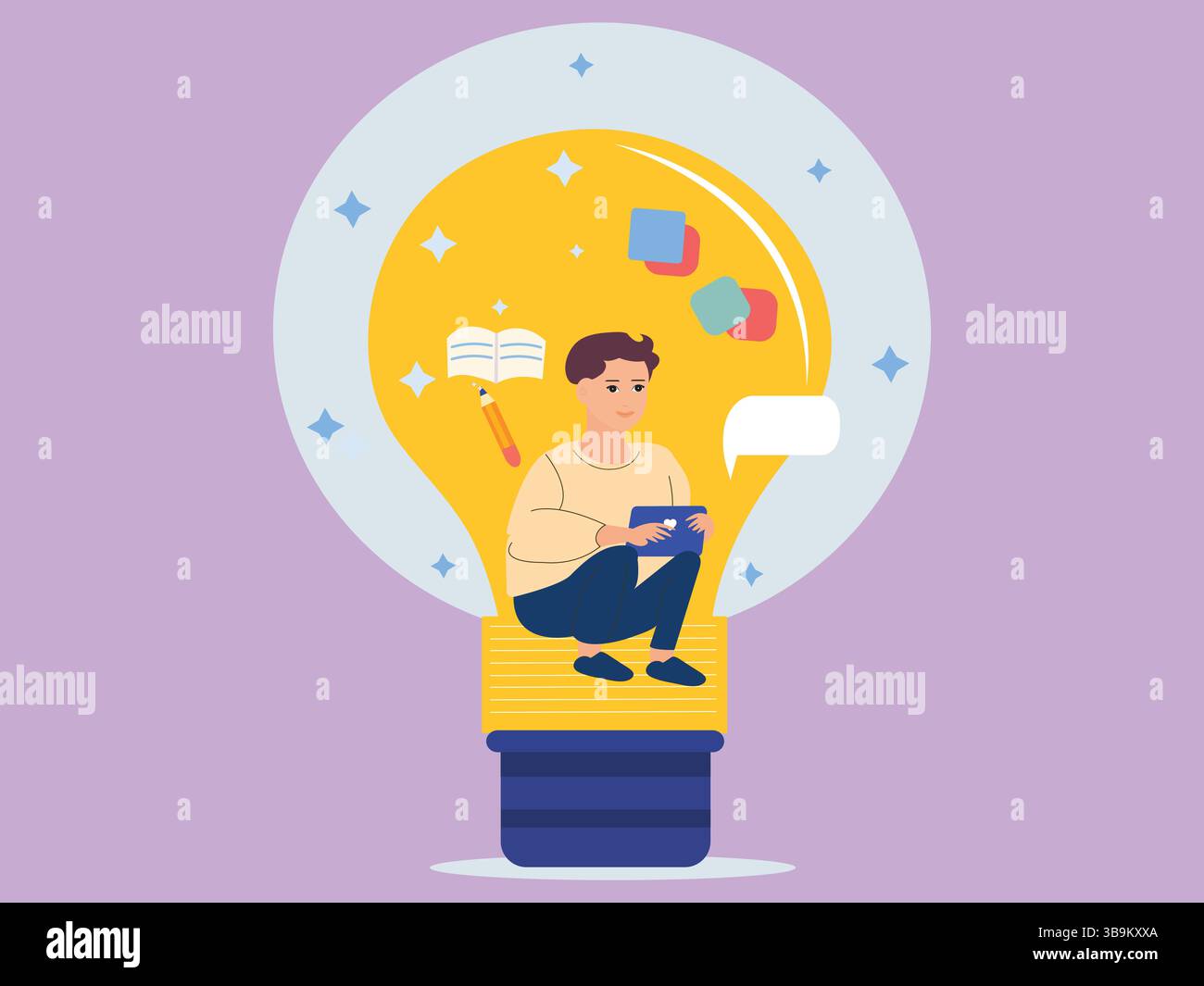 Concept d'éducation. Illustration vectorielle de style plat une personne à l'intérieur d'une ampoule avec des livres, des symboles et des pensées représentant l'imagination. Illustration de Vecteur