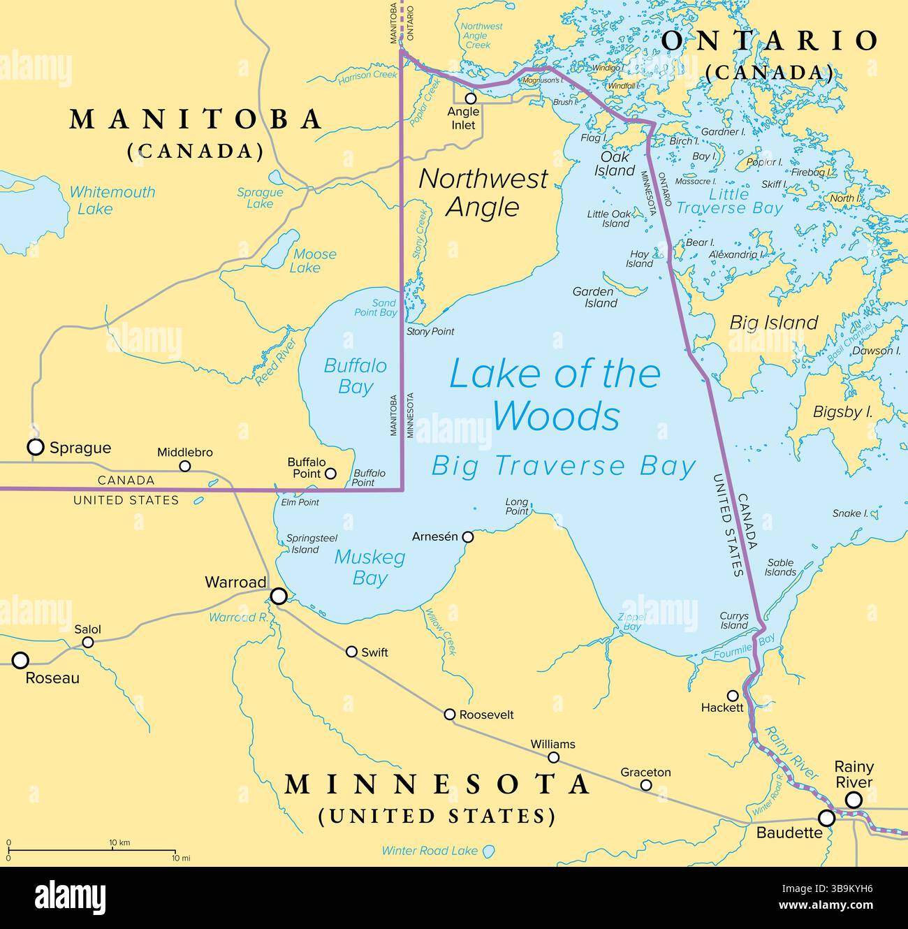 Angle nord-ouest, carte politique. Une enclave du nord du lac du comté de Woods, Minnesota, formant une frontière entre le Canada et les États-Unis. Banque D'Images