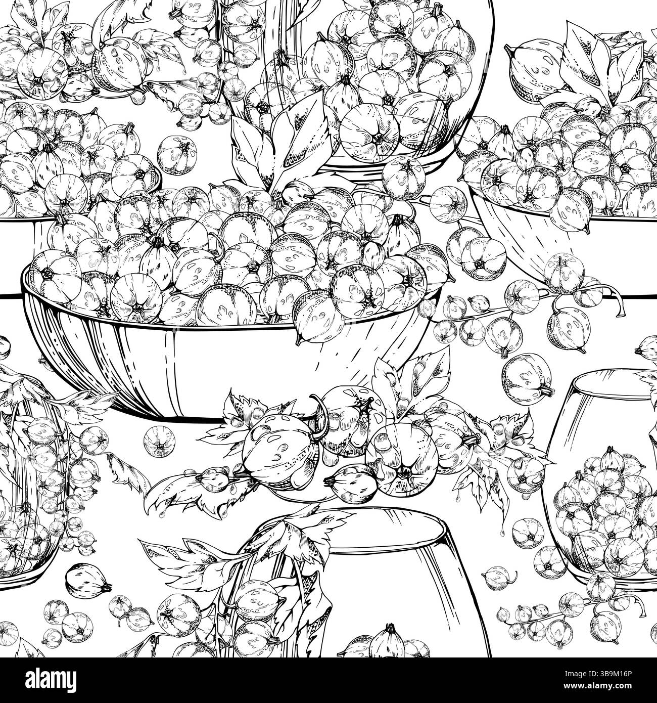 Groseille à maquereau avec des feuilles dans des bols en verre, dessinée à la main dans l'encre vectorielle, éparpillée mûre cueillie de baies juneberry casseille jostaberry. Isolé Illustration de Vecteur