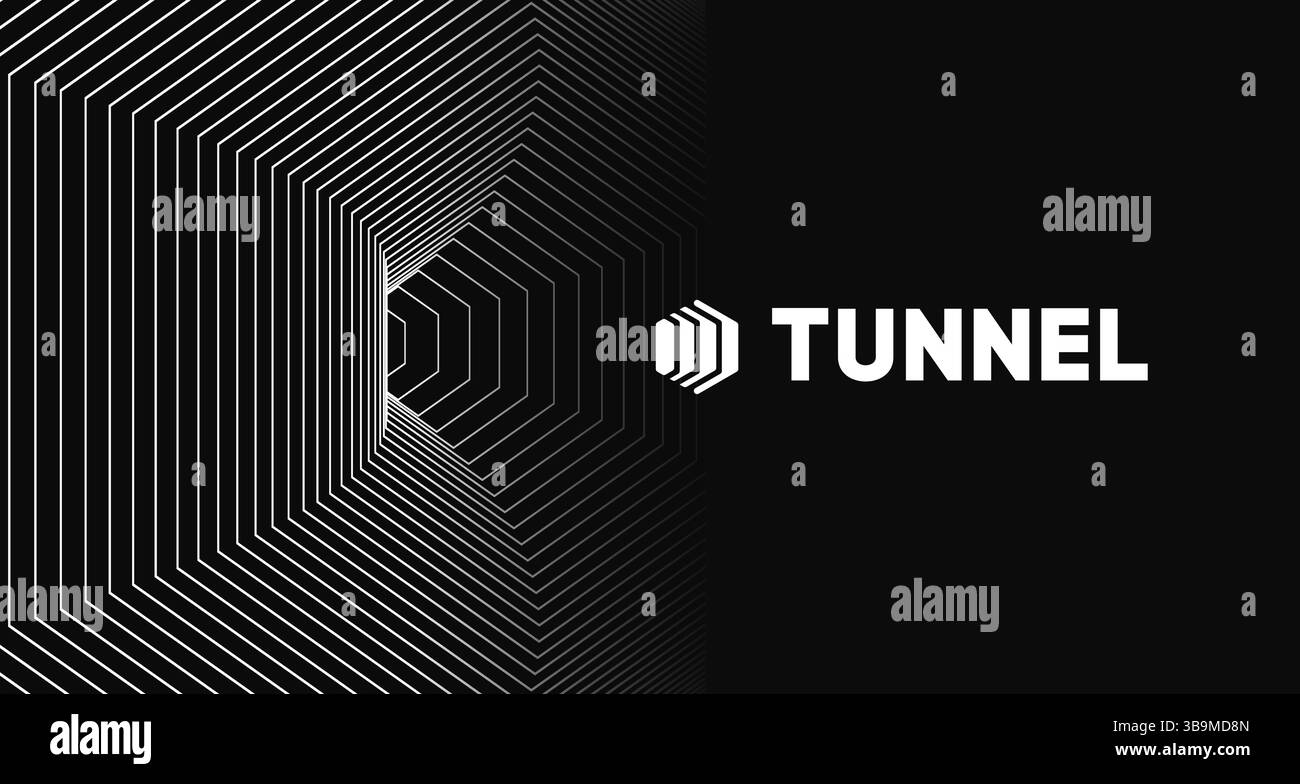 Design minimaliste de tunnel noir et blanc avec des lignes géométriques hexagonales formant un effet visuel de profondeur. Illustration de Vecteur