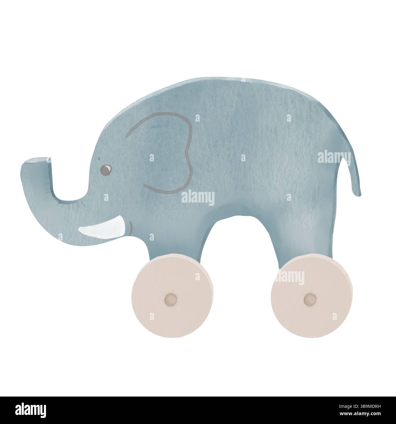 Drôle d'éléphant gris en bois sur roues. Illustration aquarelle. Un jouet d'enfant pour les tout-petits qui se distingue sur un fond blanc. Pour enfants d Banque D'Images